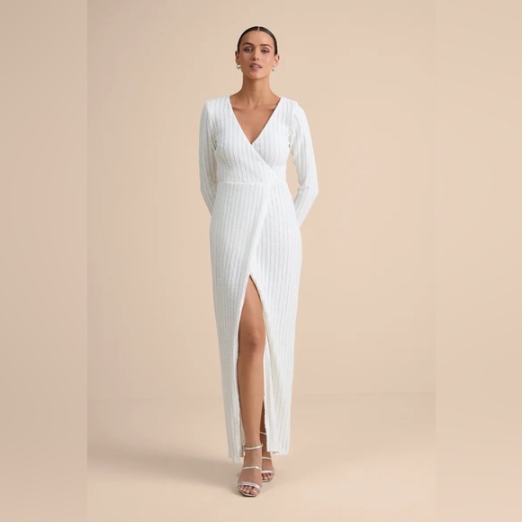 New Lulus Love Lasts Forever White Sequin Long Sleeve Maxi Dress Medium